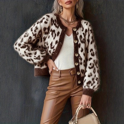 Casual Stylish Retro Leopard-print Contrast-color Jacquard Sweater