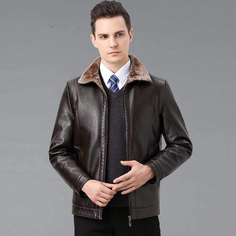 Genuine Leather And Fur One-piece Overcoat With A Lapel Lined With Fleece For Extra Warmth