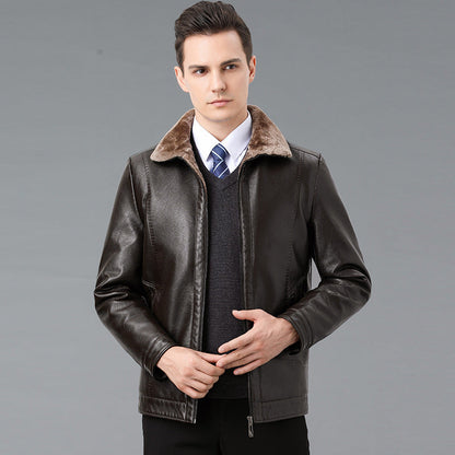 Genuine Leather And Fur One-piece Overcoat With A Lapel Lined With Fleece For Extra Warmth