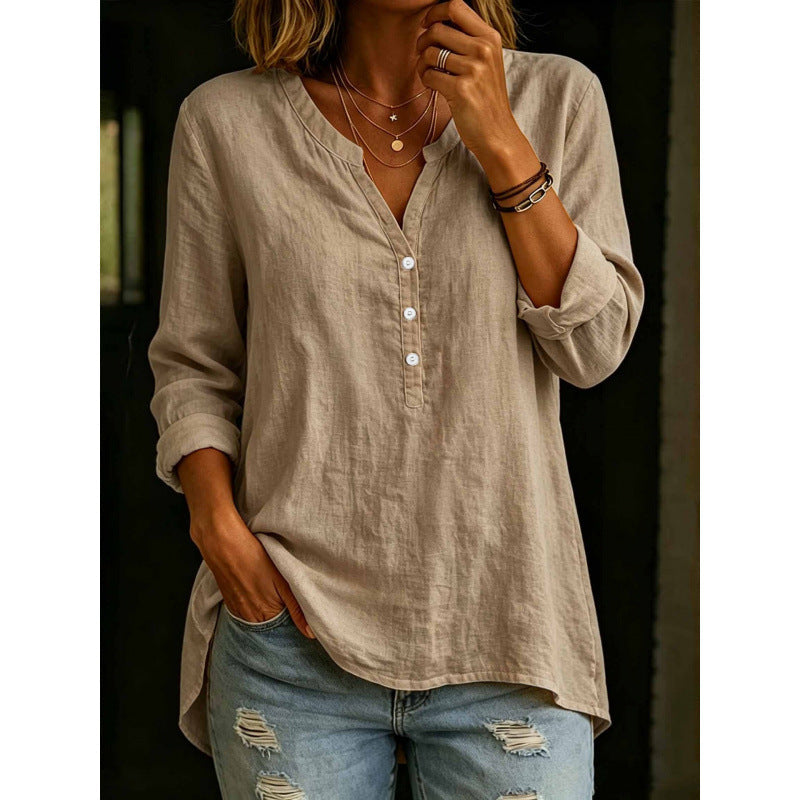 Womens Solid-Color Casual Loose-Fit Button-Up Shirt