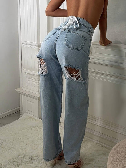 Women's Straight-leg Washed Embroidered Ripped Jeans
