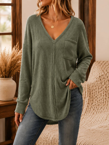 Womens Loose-Fit Pullover V-Neck Long-Sleeve T-Shirt