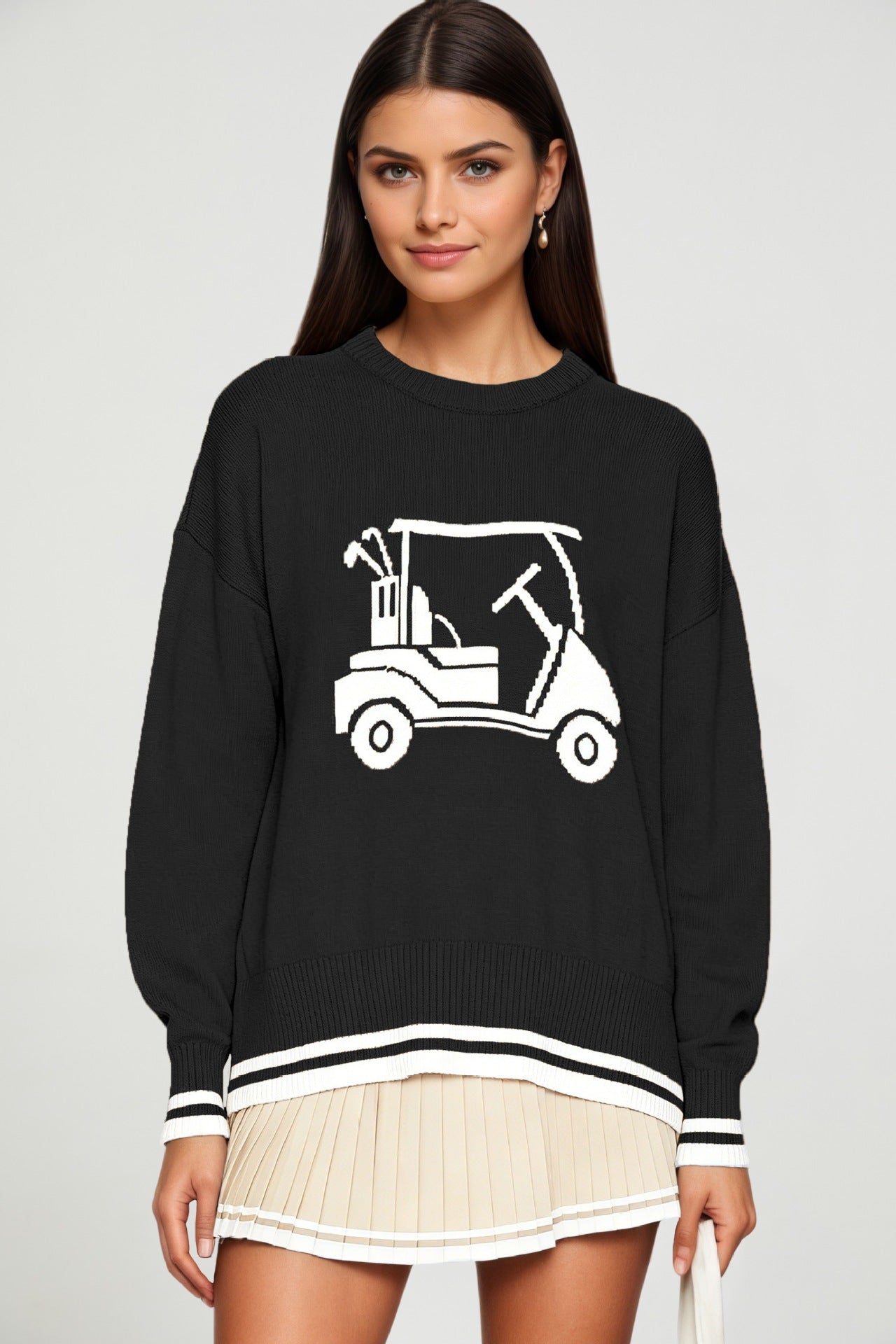 Round-neck Loose-fit Long-sleeve Jacquard-knit Pullover Sweater Top