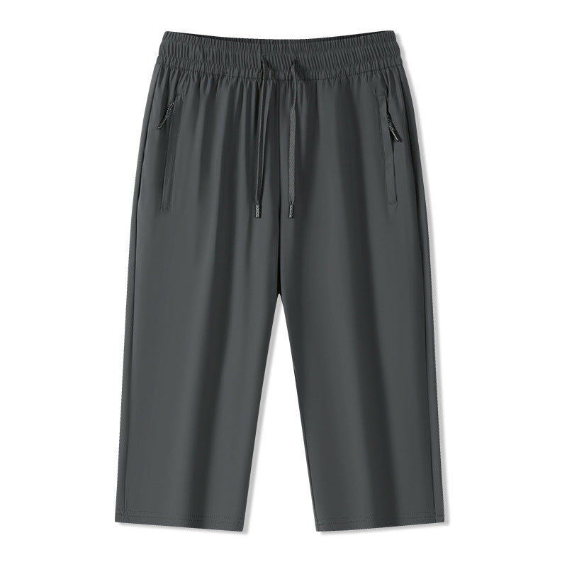 Solid Ice Silk Seven Length Casual Pants For Men Summer Cool Breathable Trousers 3 Zippered Pockets
