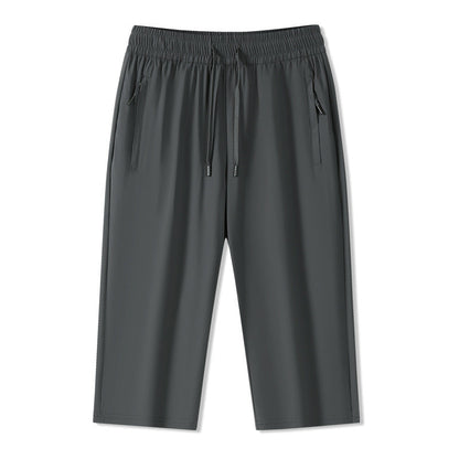Solid Ice Silk Seven Length Casual Pants For Men Summer Cool Breathable Trousers 3 Zippered Pockets