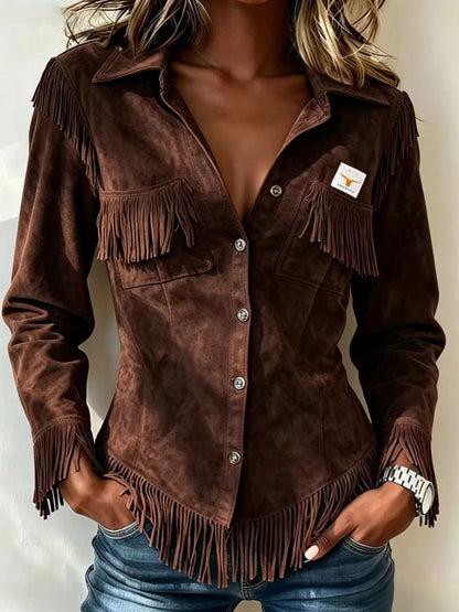 Autumn New Brown European And American Style Suede Tassel Long Sleeve Cardigan Women's Jacket Cross-Border Women's Jacket