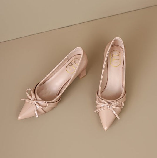 Pointed Toe Patent Leather French Bow High Heels For Women, New Spring Elegant Commuter Block Heel Shallow Mouth Fashion Pumps