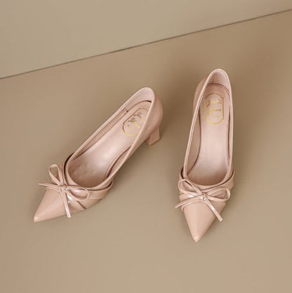 Pointed Toe Patent Leather French Bow High Heels For Women, New Spring Elegant Commuter Block Heel Shallow Mouth Fashion Pumps