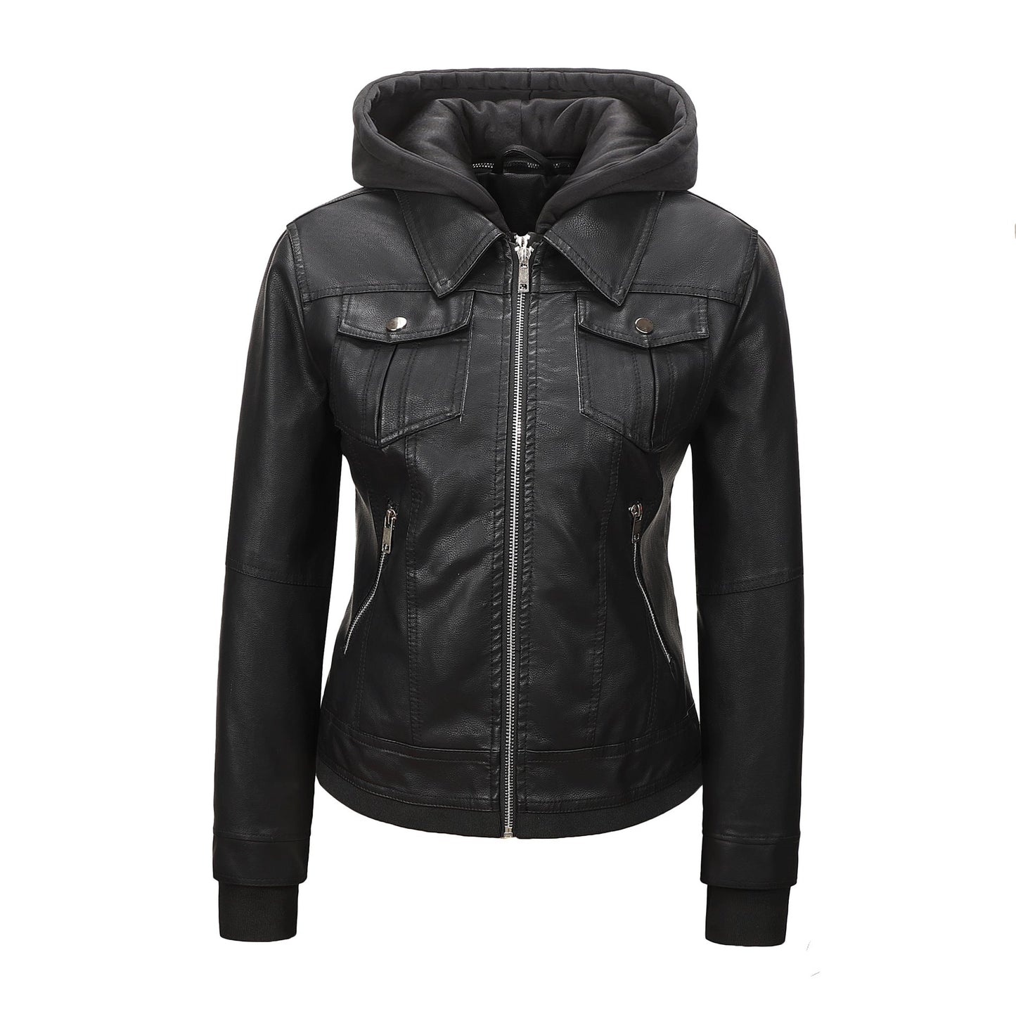 Detachable-hooded Biker Jacket Waist-cinching Faux-leather Coat That Flatters