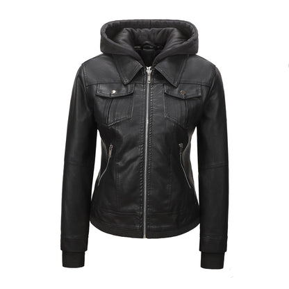 Detachable-hooded Biker Jacket Waist-cinching Faux-leather Coat That Flatters