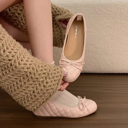 2026 Summer New Arrival Women's French Style Quilted Low Vamp Flats Hidden Heel Mary Janes Bow Soft Sole Commuter Shoe