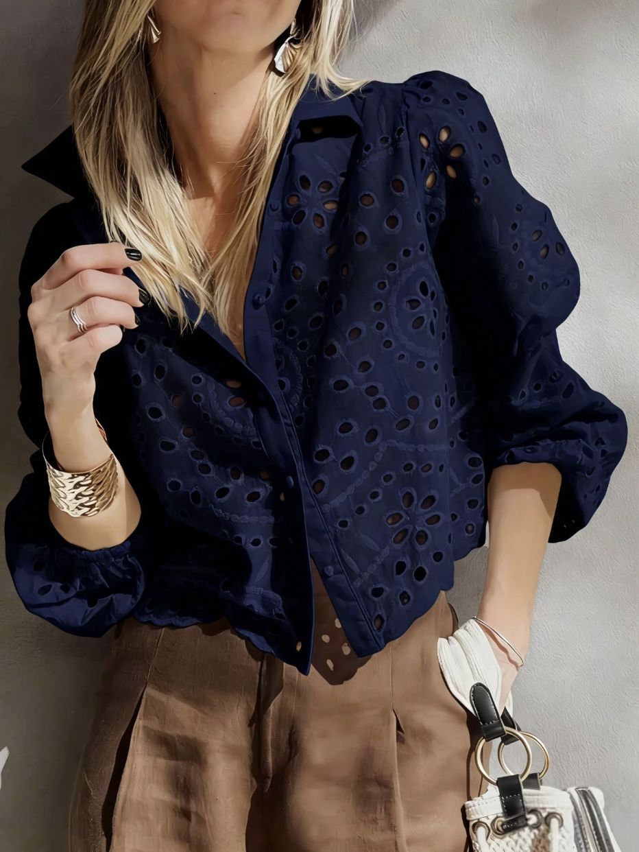 Women's Solid-color Loose-fit Hollow-out Embroidered Short Shirt