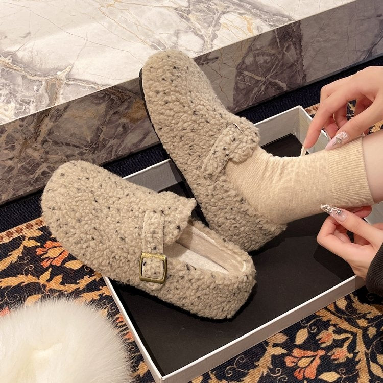Leopard Print Furry Clogs Women Buckle Strap Warm Fleece Lined Slip On Flat Shoes