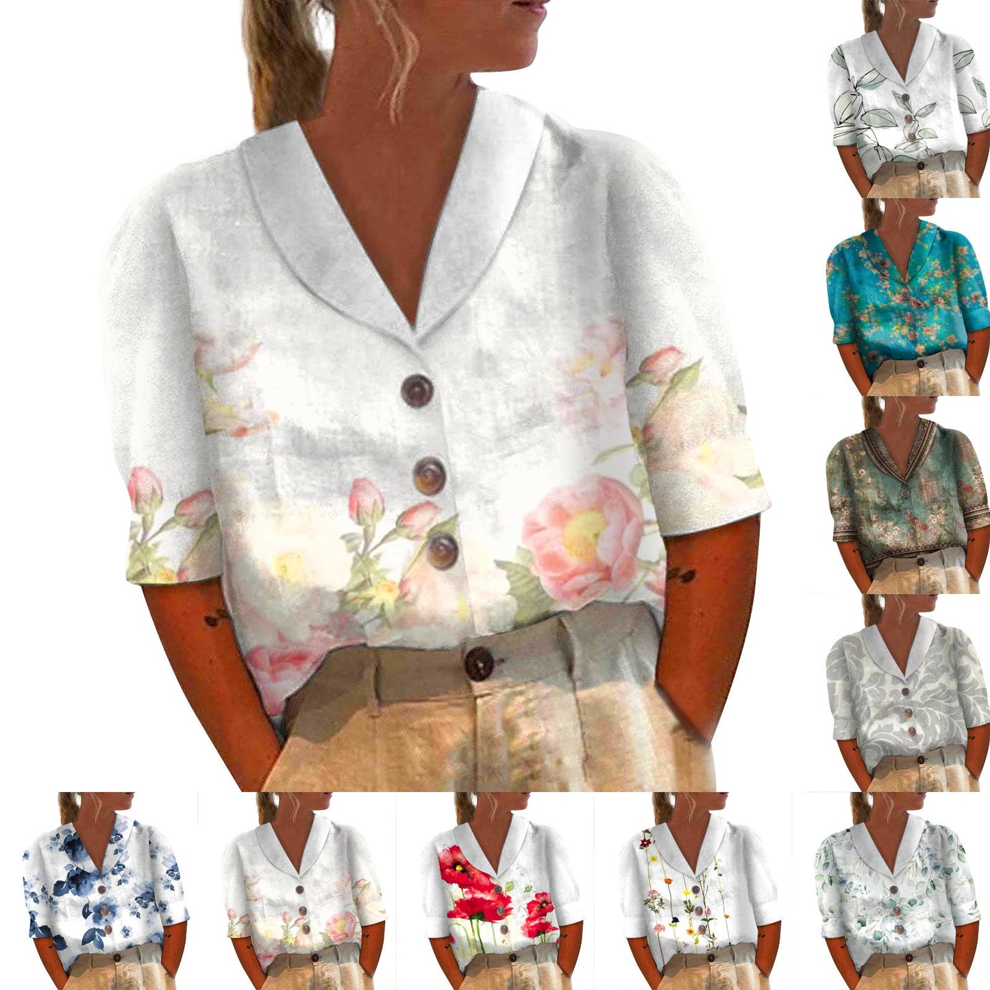 Women's Stand Collar Printed Cotton-Linen Shirt