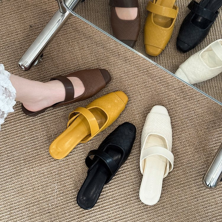 Slope Heel Splicing Slippers For Women, Woven Half Slippers For Outerwear, Square Toe Shoes