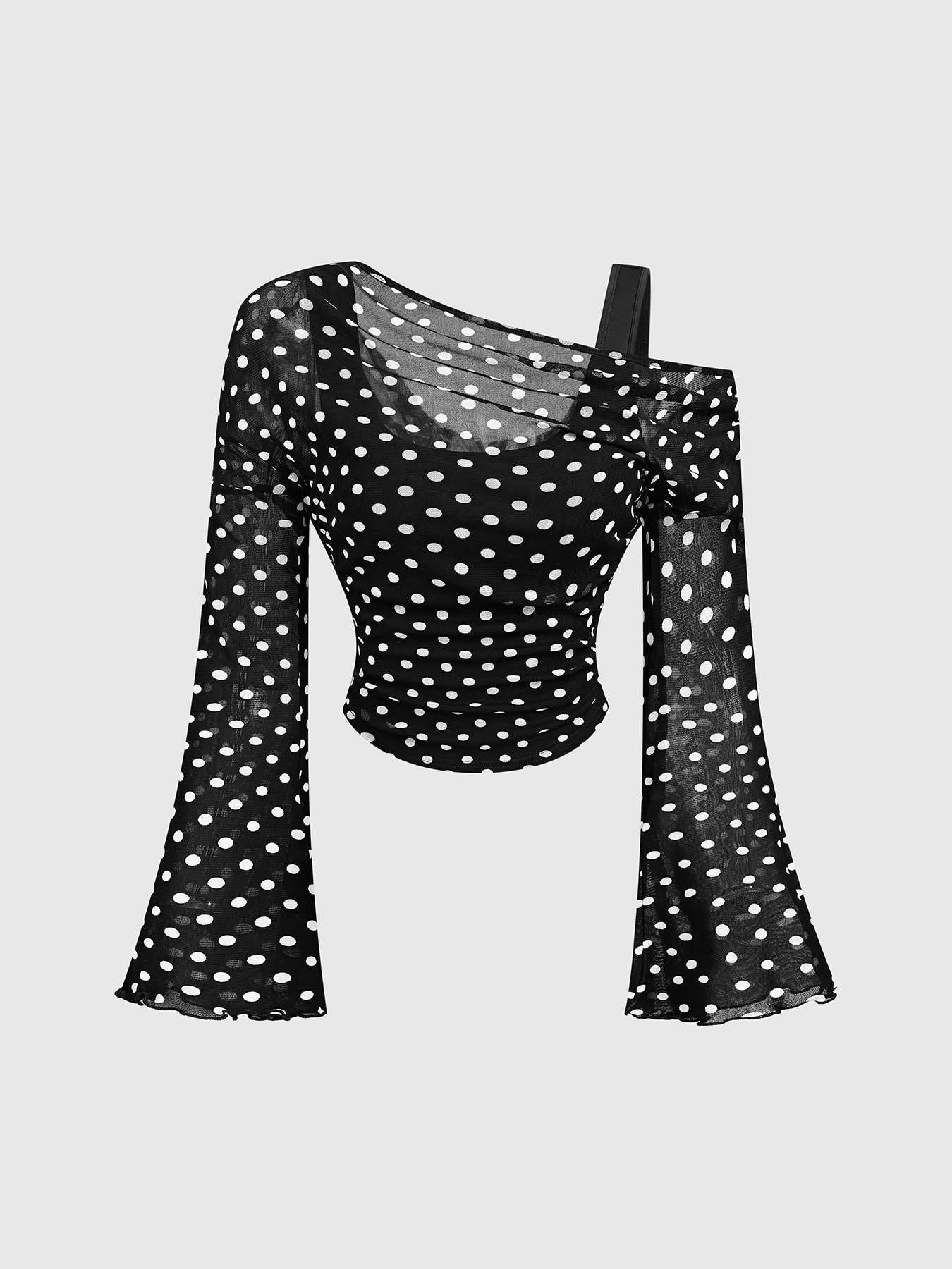 Mesh-Neck Pleated Long-Sleeve T-Shirt Top