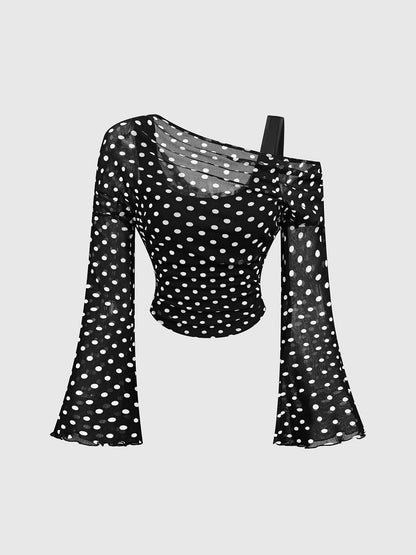 Mesh-Neck Pleated Long-Sleeve T-Shirt Top