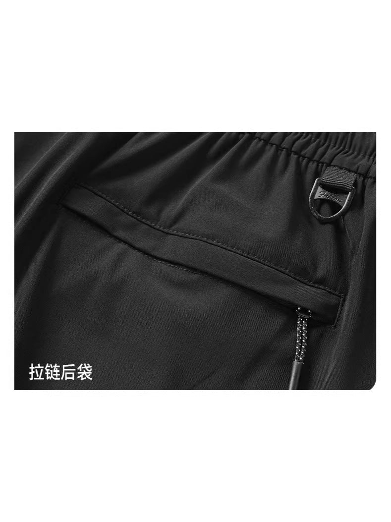 Solid Ice Silk Seven Length Casual Pants For Men Summer Cool Breathable Trousers 3 Zippered Pockets