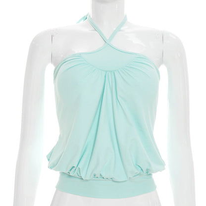 New Solid-color Slimming Sleeveless Halter Top With Gathered Straps