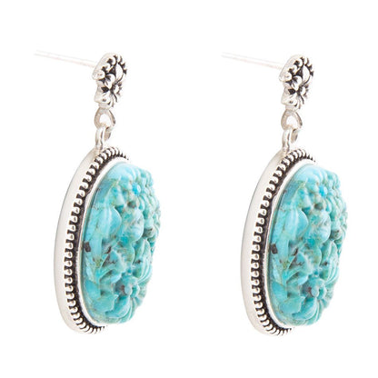 Carved Blue Turquoise Sterling Silver Drop Earrings