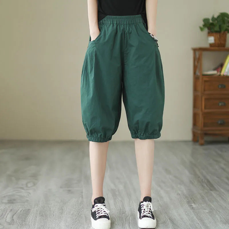 Womens Solid-color Casual Loose-fit Retro Shorts