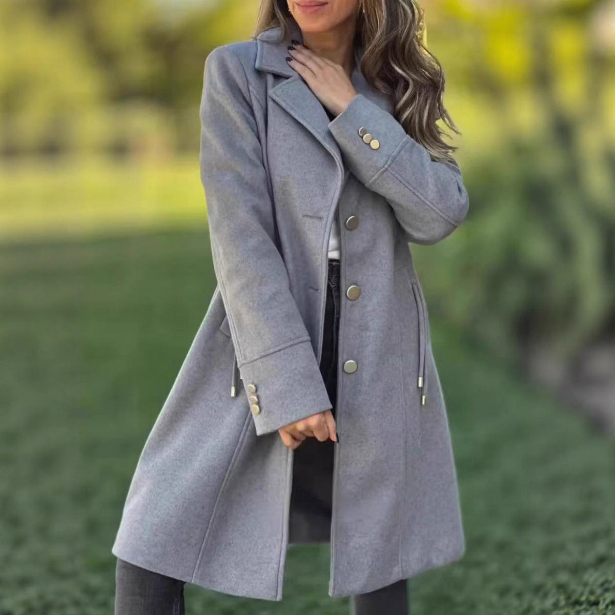 Womens Fashion Solid-color Mid-length Wool Coat With Drawstring And Pockets