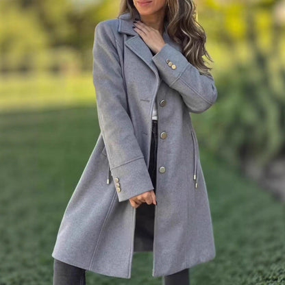 Womens Fashion Solid-color Mid-length Wool Coat With Drawstring And Pockets