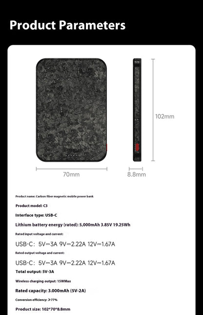 15W Magnetic Power Bank Wireless Carbon Fiber Magsafe Mobile Power Supply