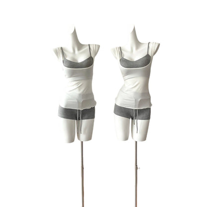 Sweet-and-sexy Color-blocked Two-piece Camisole Set