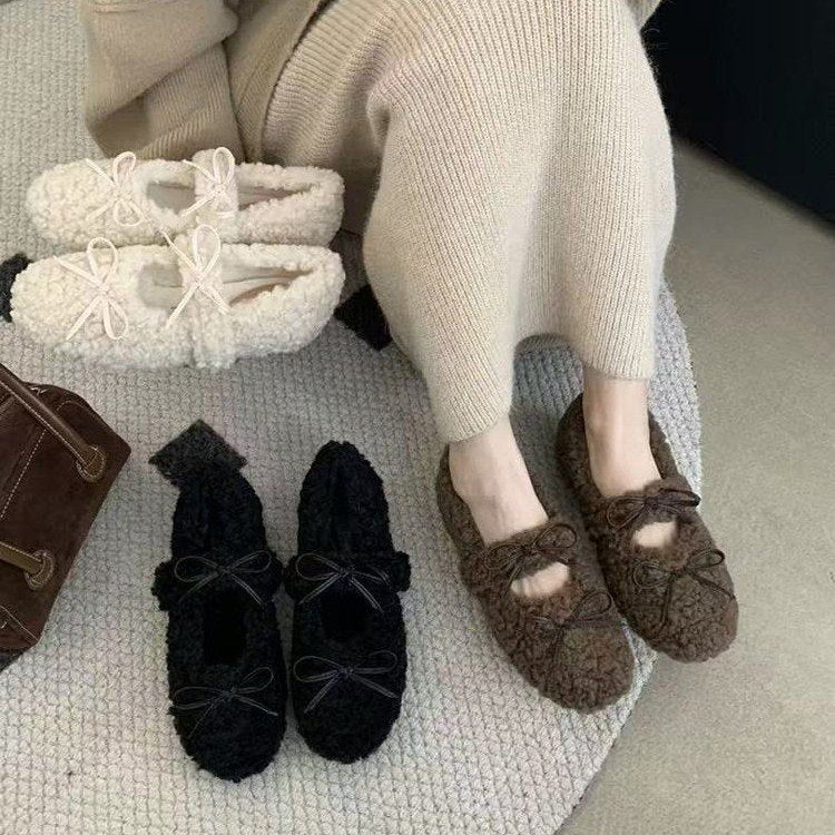 Women's French Mary Jane Shoes With Fluffy Bean Shoes And Flat Sole Shoes