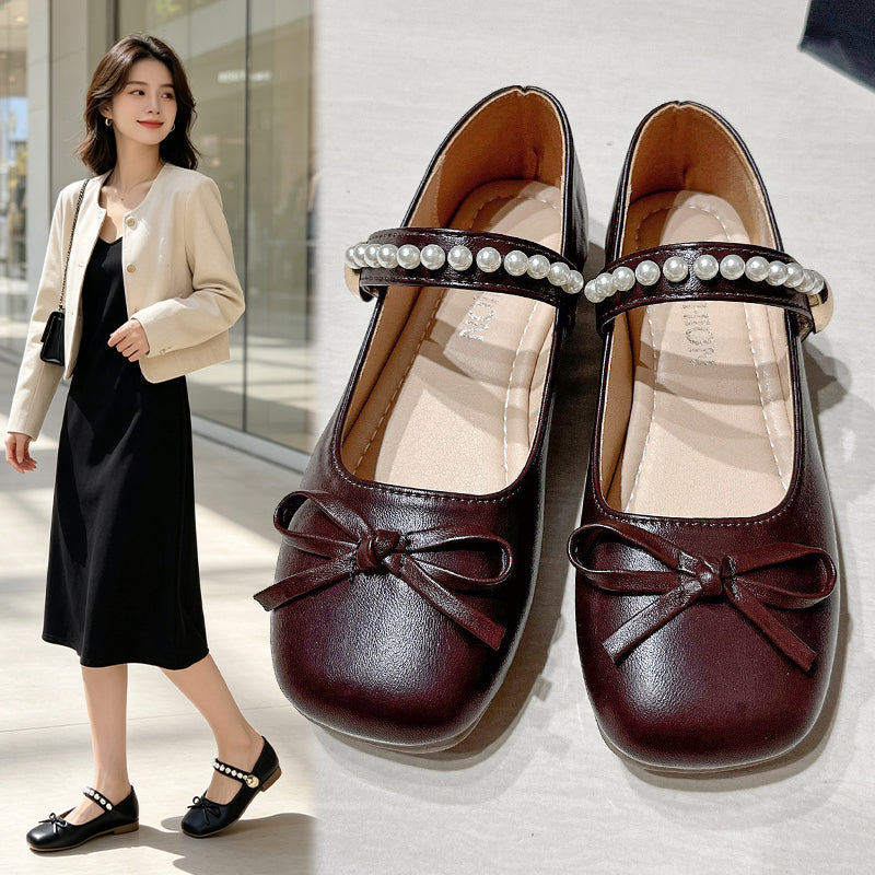 Girls & Women Gentle Style Pearl Mary Jane Flats, Bow Decoration Non Slip Soft Sole Hook And Loop Dress Shoes For Spring Autumn