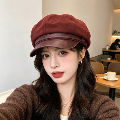 Winter Spring Vintage Ruffled Octagonal Newsboy Hat With Leather Buckle, Soft Top And Curved Brim, Fashionable British Style Beret