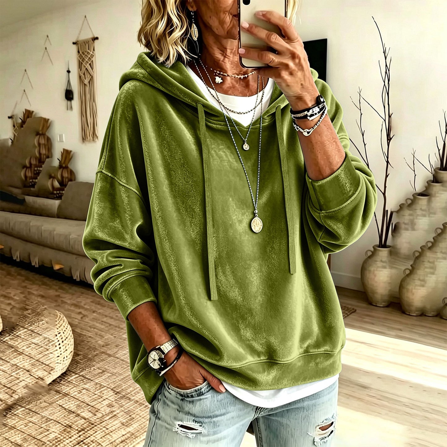 Womens Casual Solid-Color Hooded Long-Sleeve Top With Drawstring