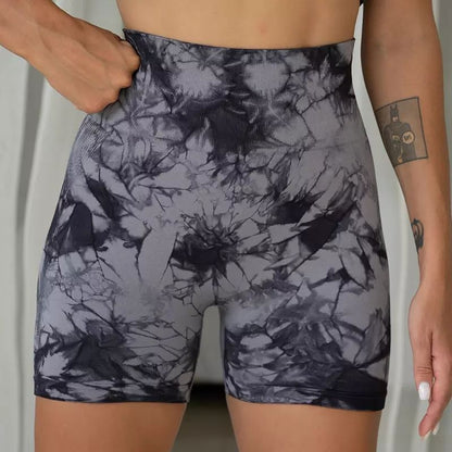 Summer European And American Tie-dyed Three-point Fitness Pants Women's High Waist Hip Lifting Tight Sports Running Peach Belly Contracting Yoga Shorts