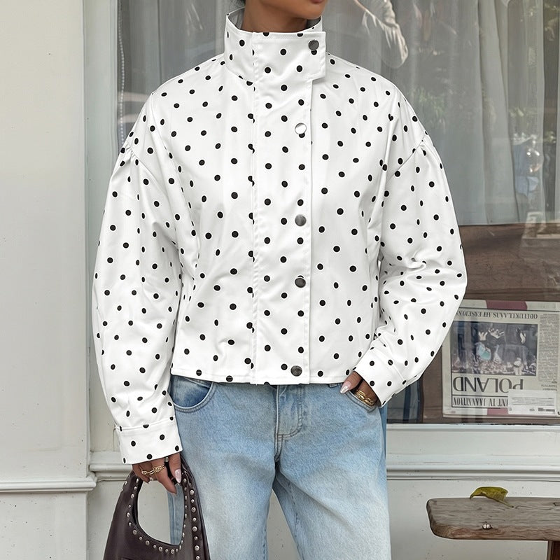 Loose-fitting Long-sleeve Casual Polka-dot Womens Coat
