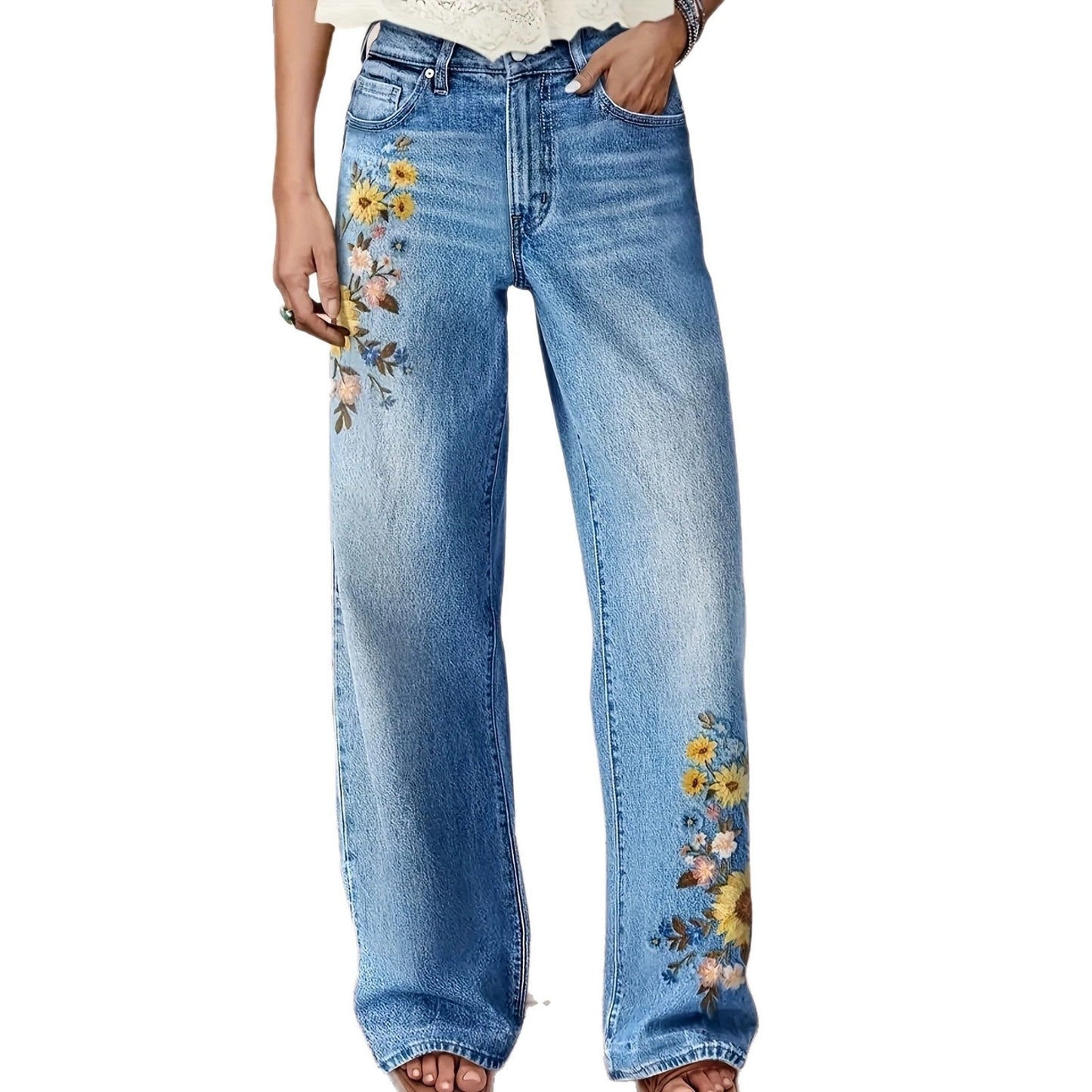 Floral-Embroidered Draped Wide-Leg Washed Denim Casual Trousers
