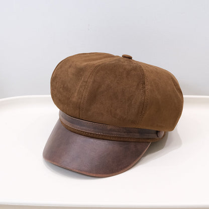 Winter Spring Vintage Ruffled Octagonal Newsboy Hat With Leather Buckle, Soft Top And Curved Brim, Fashionable British Style Beret