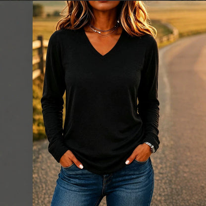 Leisure Pullover V-neck Solid Color Loose Long Sleeves T-shirt