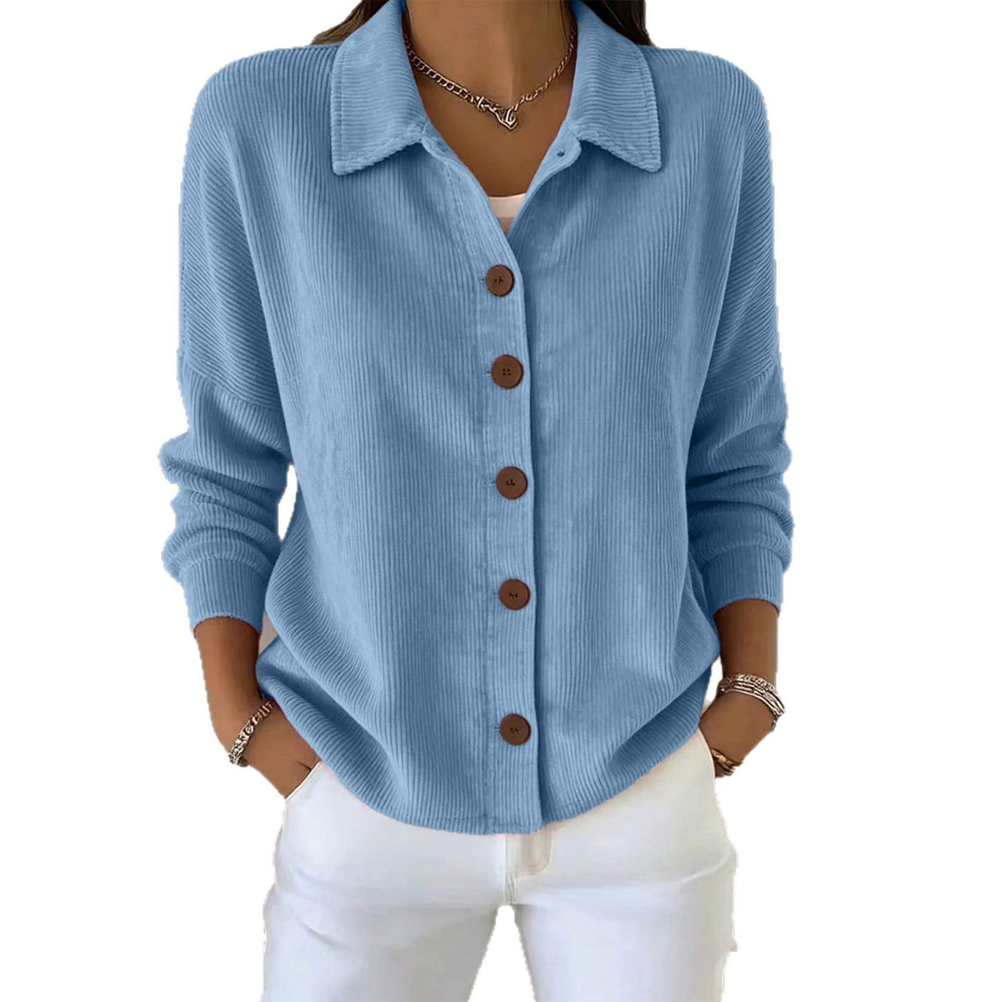 Womens Solid-Color Long-Sleeve Cardigan Polo Shirt