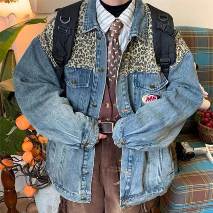 Mens Leopard-print Patchwork Denim Shirt Jacket