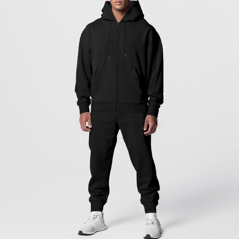 Mens Solid-Color Cardigan Zip-Up Long-Sleeve Sports Suit