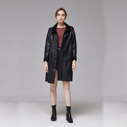 Womens Brown Leather Jacket Mid-length Trench Coat With Fur Trim