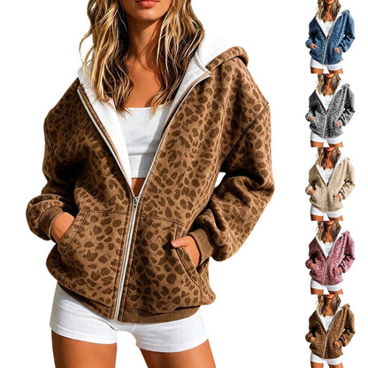 Womens Leopard-Print Hooded Zip-Up Sweatshirt Jacket