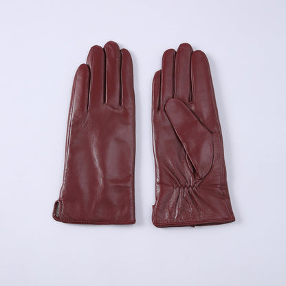 Womens Solid-Color Fleece-Lined Thermal Leather Gloves