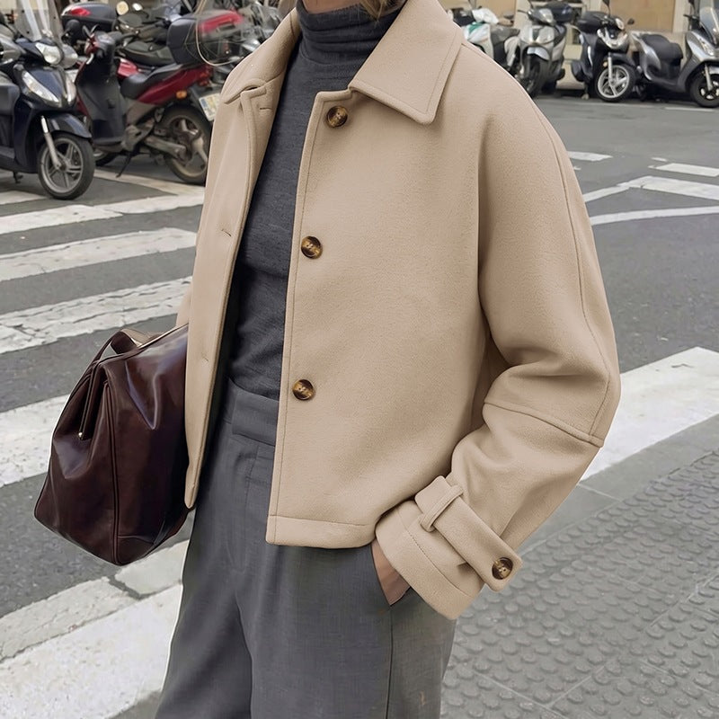 Straight-cut Cropped Lapel Wool Coat For Women