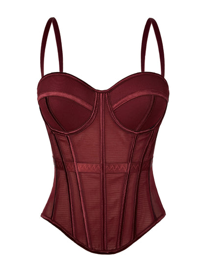 European And American Pure Color Fashionable Fishbone Bra, Waist Slimming Look Mesh Camisole With Breast Pads, Fishbone Top For Outer Wear