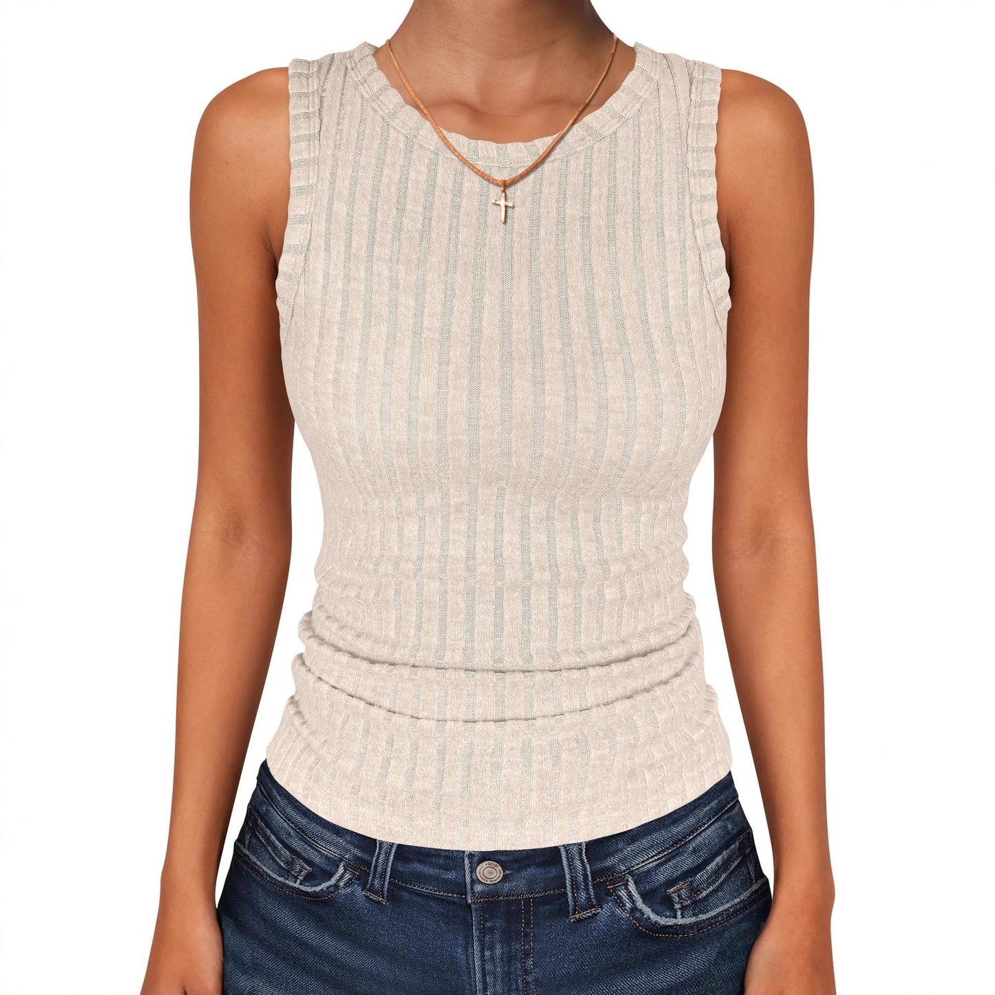 Womens Round-Neck Casual Sleeveless Solid-Color Knitted Vest