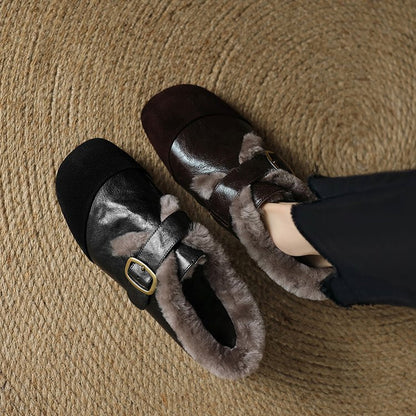 Women's French Fashion Vintage Flat Leather Shoes, 2025 New Arrival, Thickened Deep Vamp Pumps For Autumn & Winter, Comfort Casual Cotton Shoes
