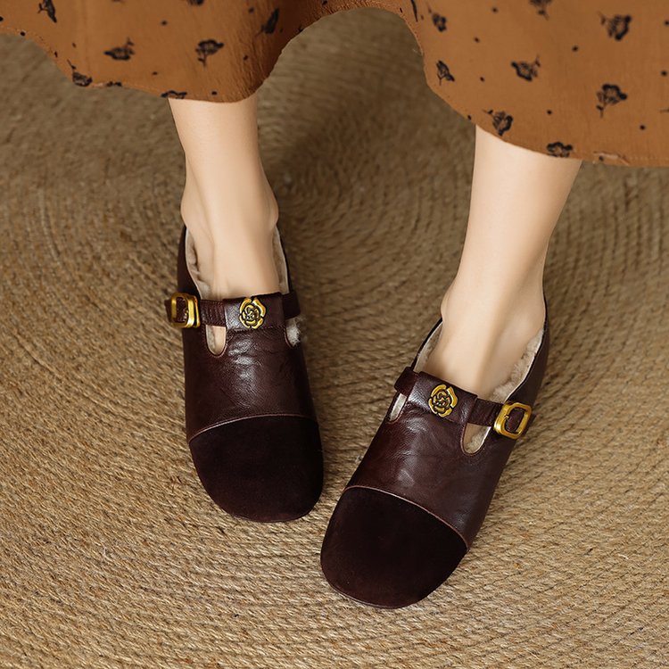 Women's Camellia Vintage Mary Janes, 2025 New Suede Finish, Round Toe Flat Pumps, Shallow Mouth Versatile Fleece Lined Warm Leather Shoes
