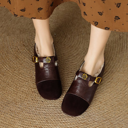 Women's Camellia Vintage Mary Janes, 2025 New Suede Finish, Round Toe Flat Pumps, Shallow Mouth Versatile Fleece Lined Warm Leather Shoes